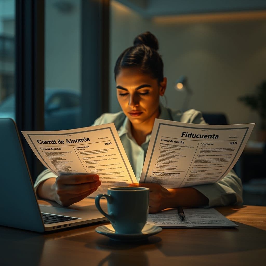 Persona organizando sus finanzas con dos cuentas separadas: cuenta de ahorros y fiducuenta
