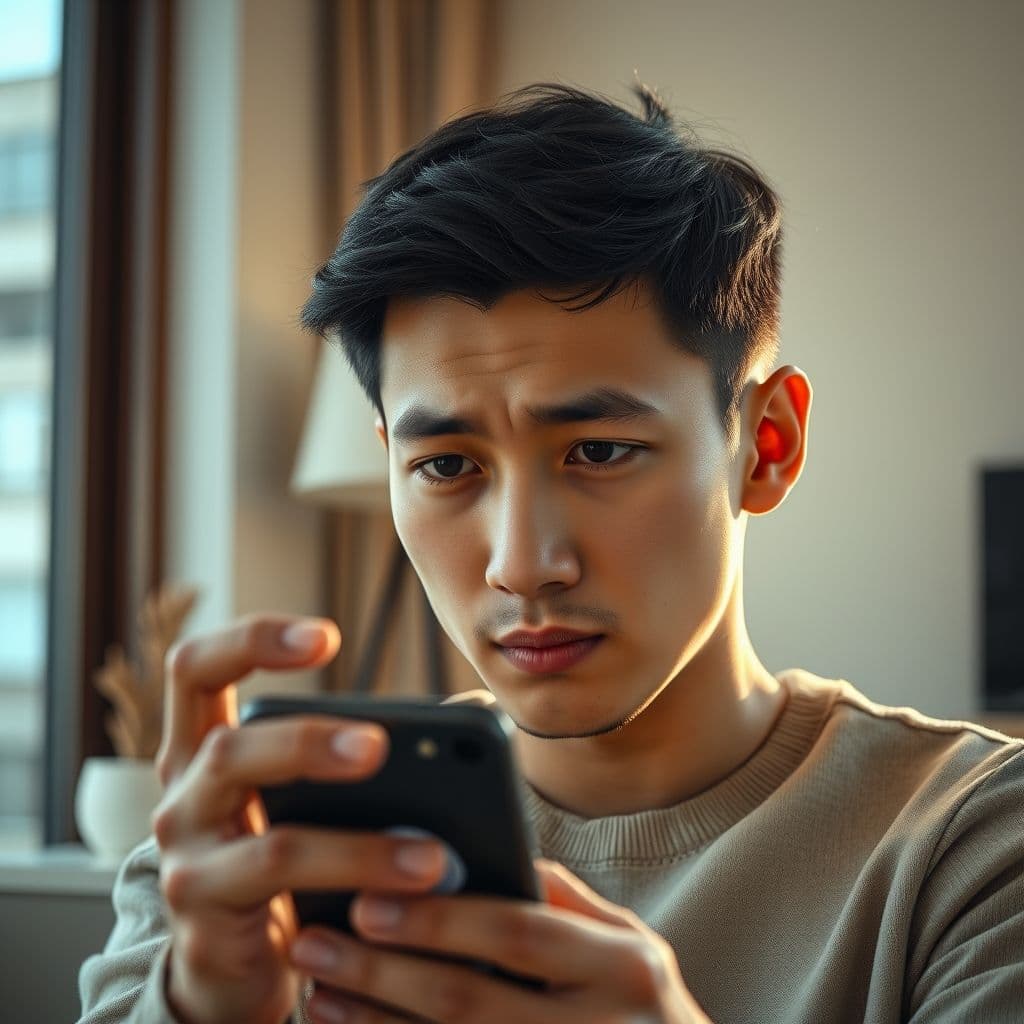 Persona confundida mirando su teléfono móvil con una app bancaria abierta