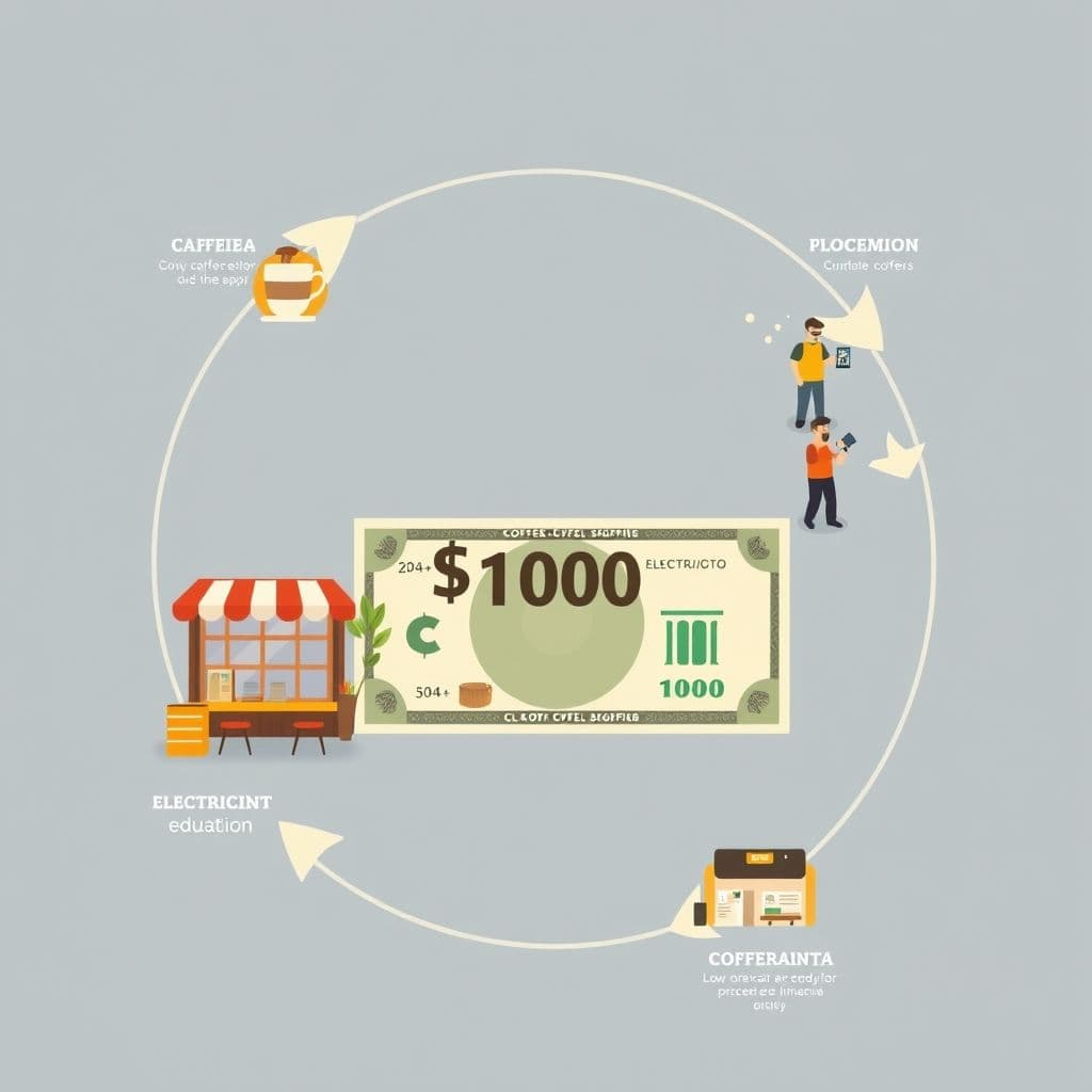 Diagrama visual mostrando circulación del billete entre cafetería, proveedor, electricista