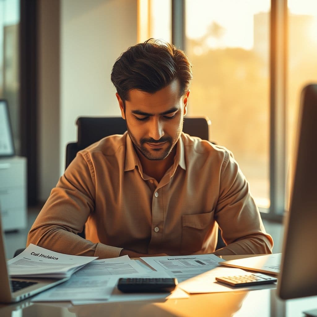 Hombre estresado frente a documentos bancarios y calculadora, con expresión de alivio al encontrar una solución