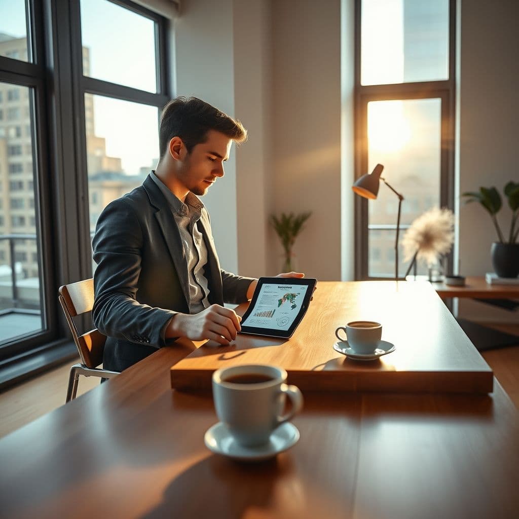 Hombre revisando gráficos de acciones en una tableta con café en una mesa de oficina moderna