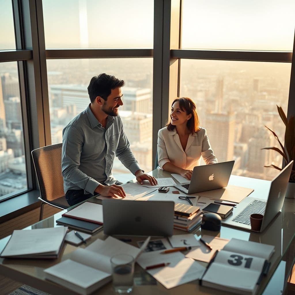 Pareja emprendedora trabajando juntos en proyecto común