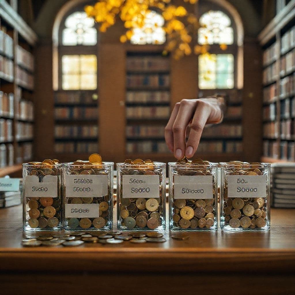 Persona organizando monedas en diferentes frascos de ahorro con etiquetas