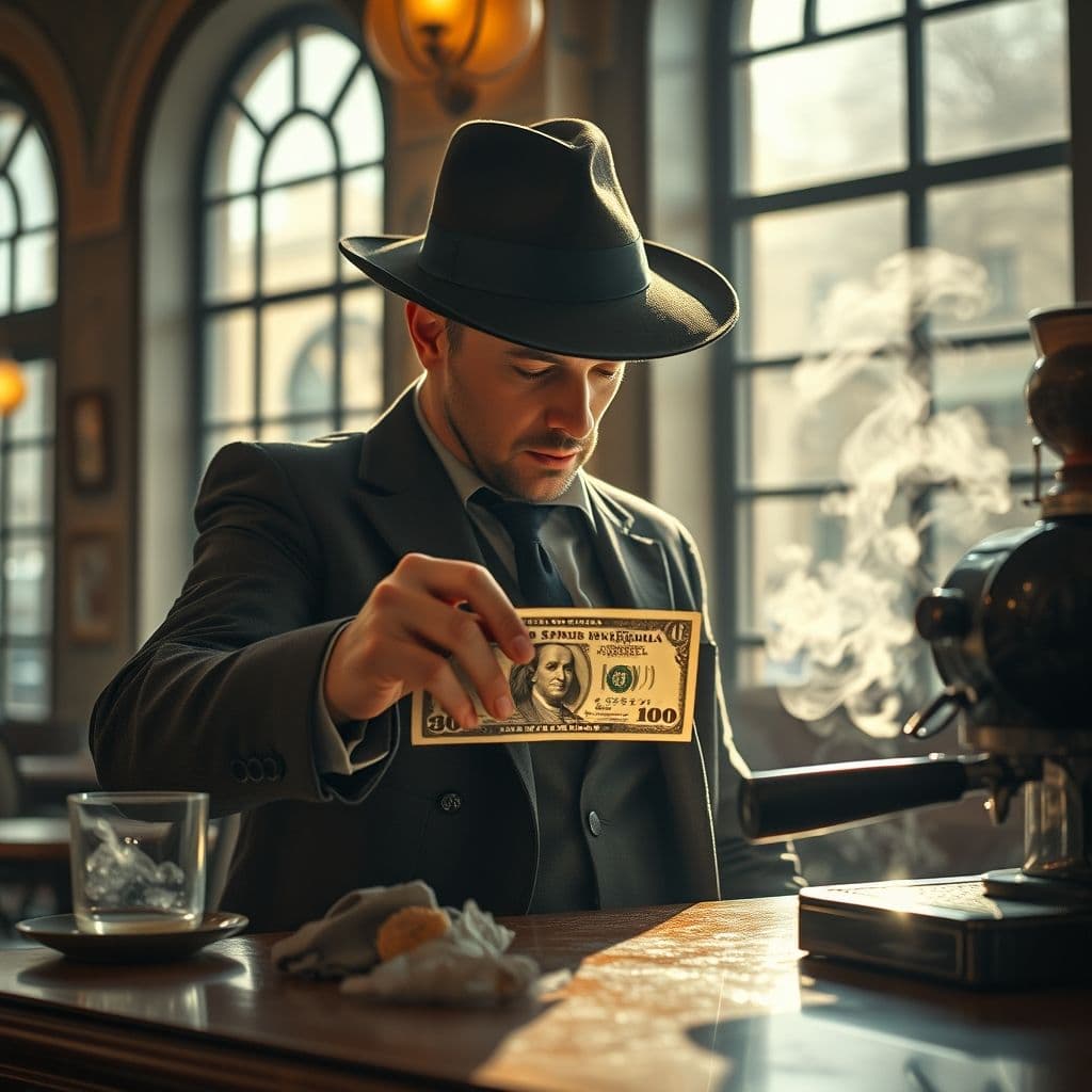 Hombre misterioso dejando billete de 100 dólares en mostrador de cafetería vintage