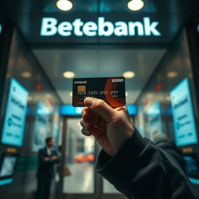 Persona usando tarjeta de crédito Interbank con billeteras digitales en fondo bancario