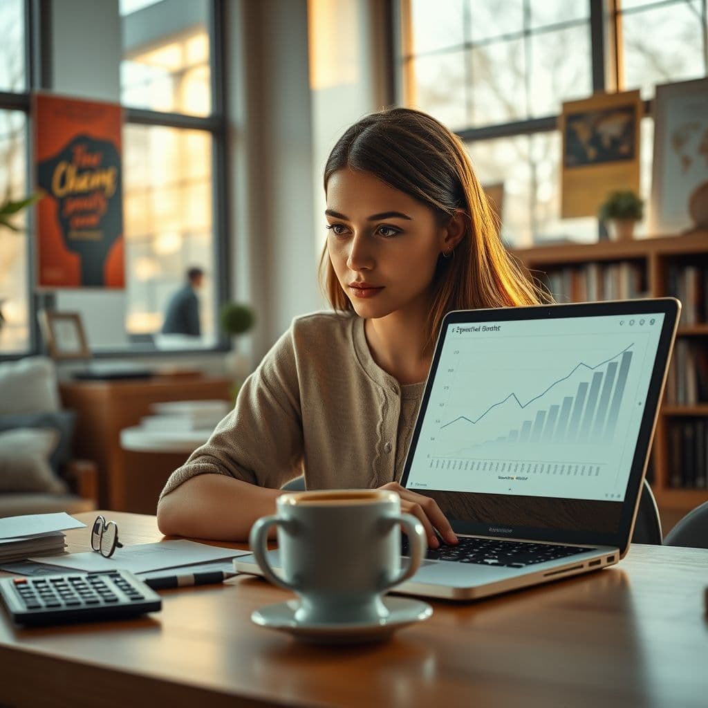 Joven analizando gráficos de crecimiento exponencial en pantalla con calculadora y café