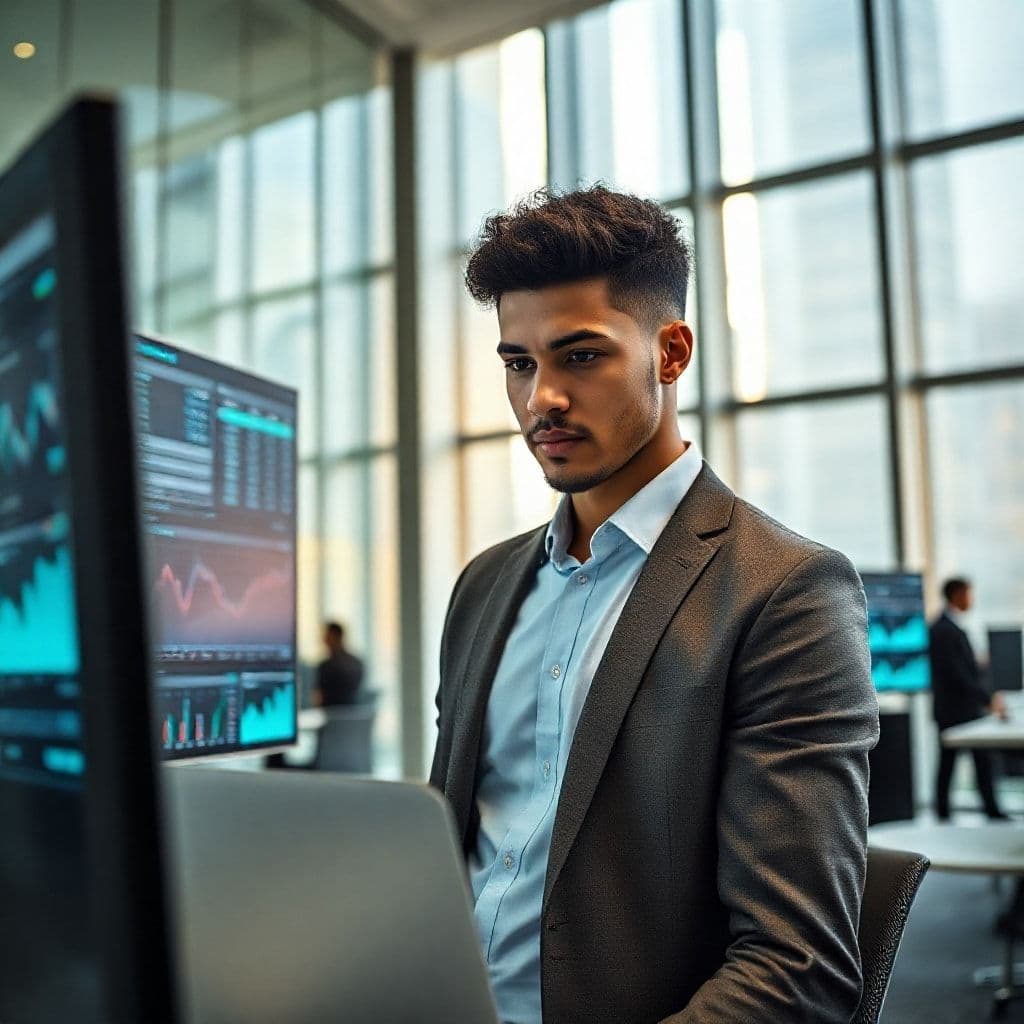 Estudiante de finanzas analizando gráficos y datos en una pantalla moderna