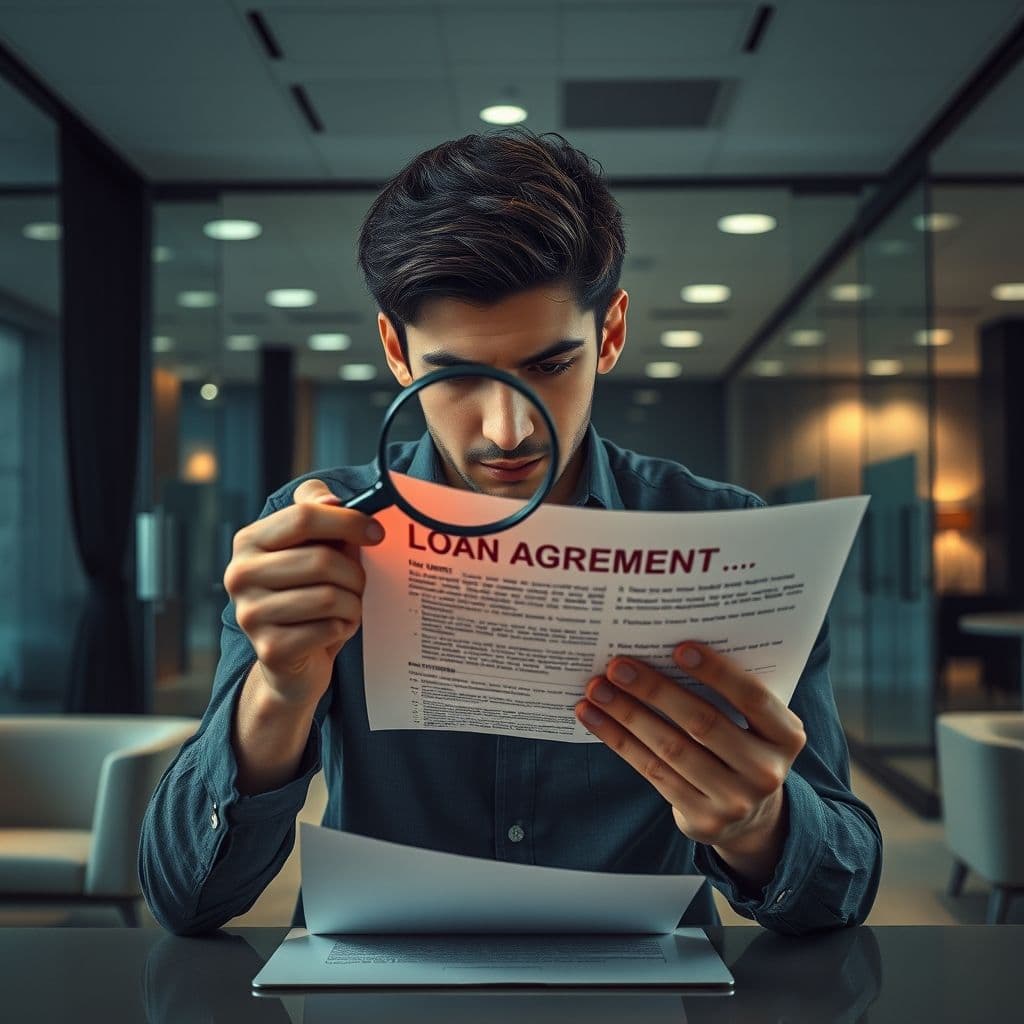 Persona revisando un contrato de préstamo con lupa, destacando cláusulas abusivas en rojo.