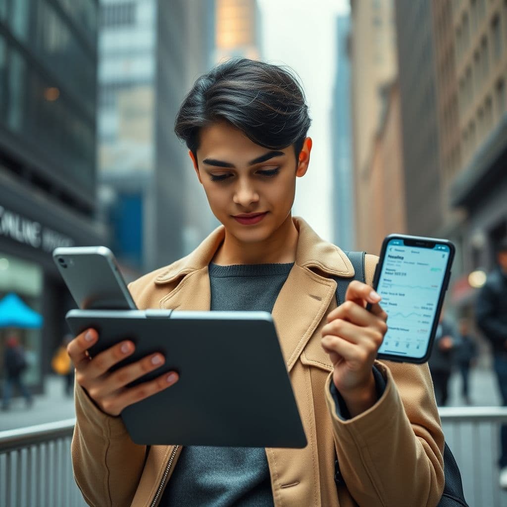 Joven analizando opciones de inversión en múltiples dispositivos