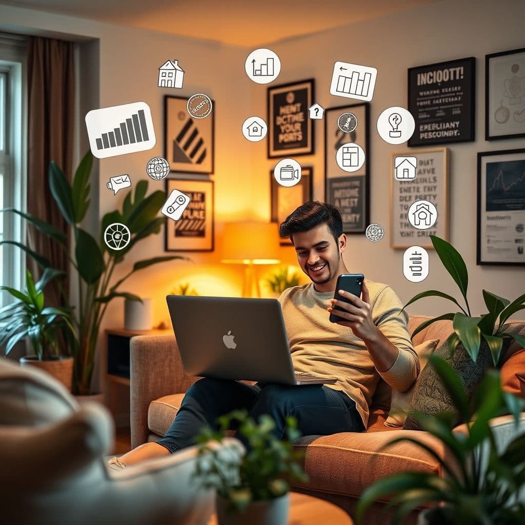 Persona trabajando en laptop y teléfono mostrando múltiples fuentes de ingreso