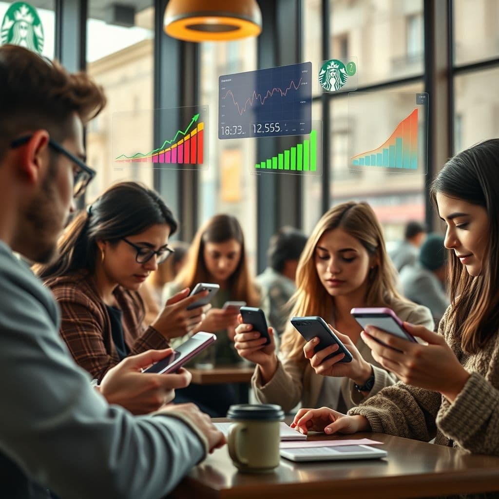 Joven utilizando app de finanzas personales en smartphone con gráficos de progreso