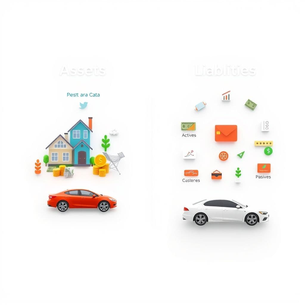 Infografía comparativa entre activos y pasivos con ejemplos cotidianos.