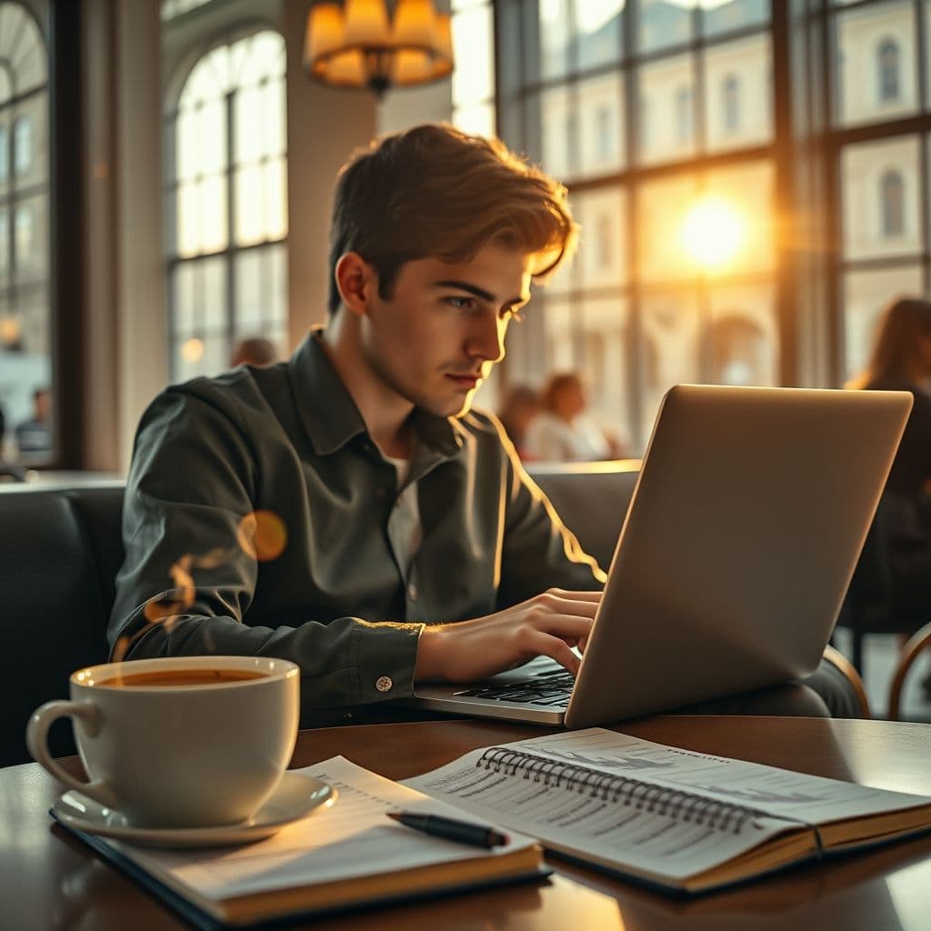 Persona trabajando en laptop con café en una cafetería acogedora