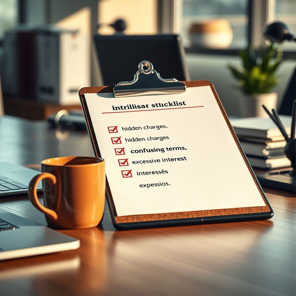 Checklist para identificar préstamos abusivos con iconos de alerta.