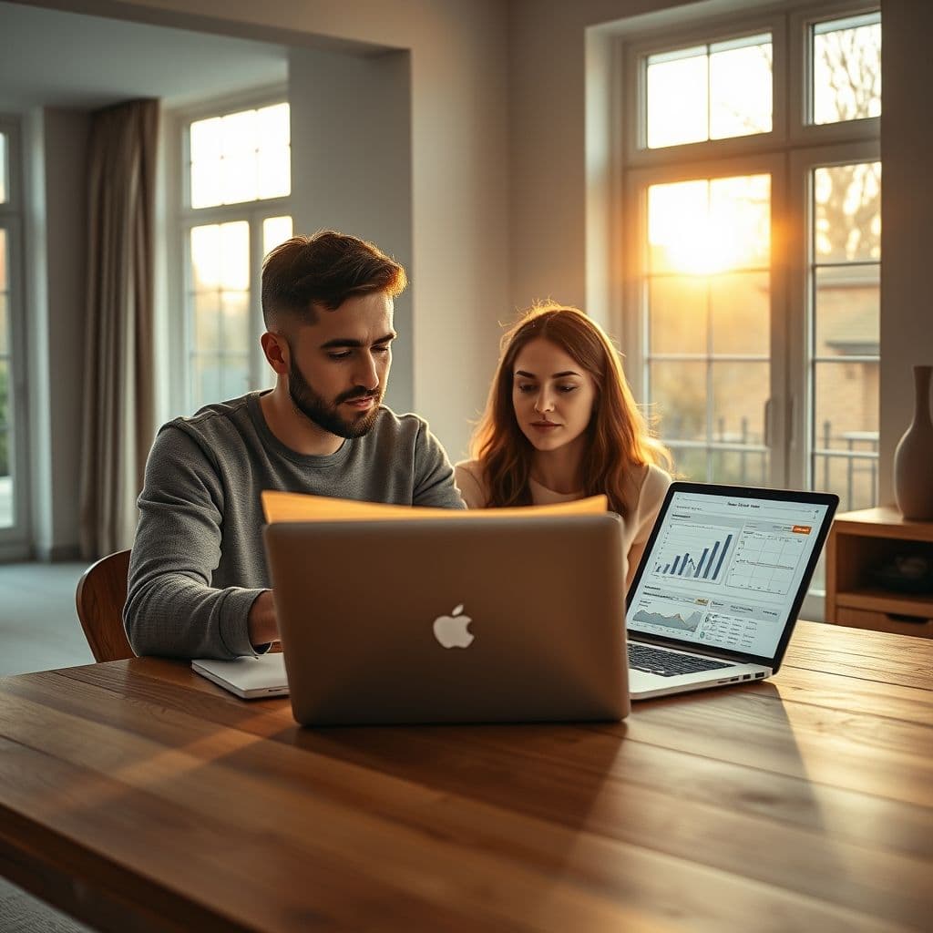 Pareja revisando finanzas juntos en una mesa con laptops y documentos
