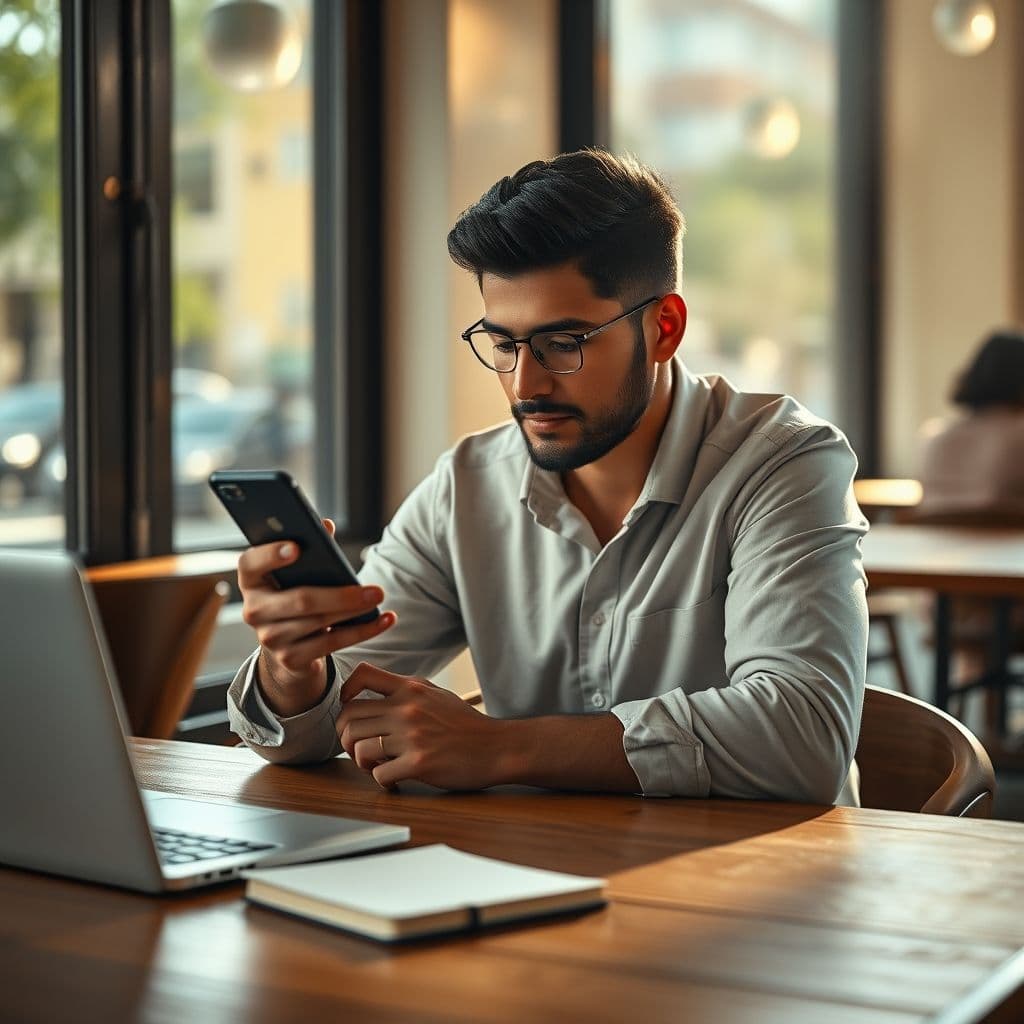 Joven profesional revisando sus finanzas en una aplicación móvil con café y computadora portátil en un café moderno