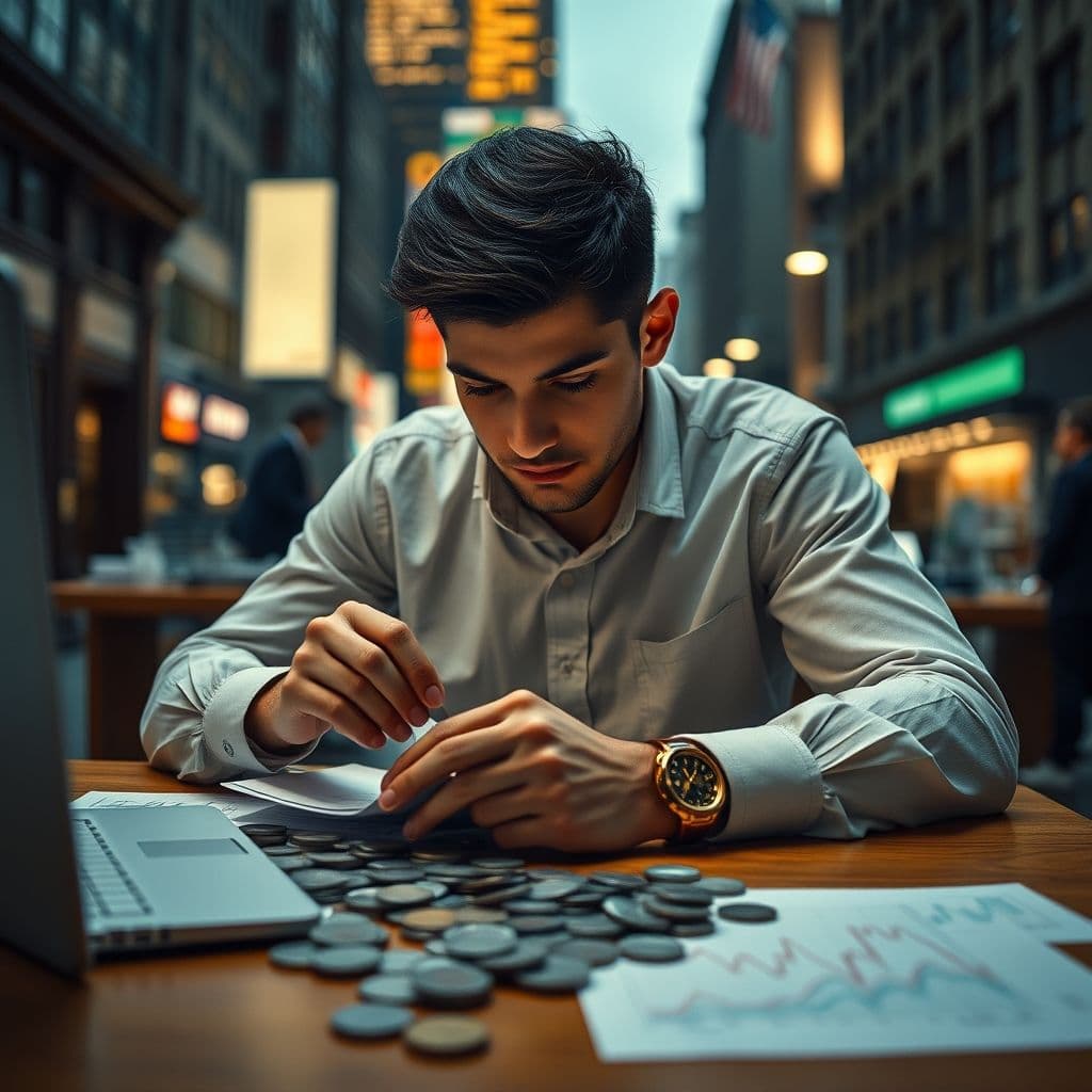 Persona organizando sus finanzas con monedas y gráficos en una mesa