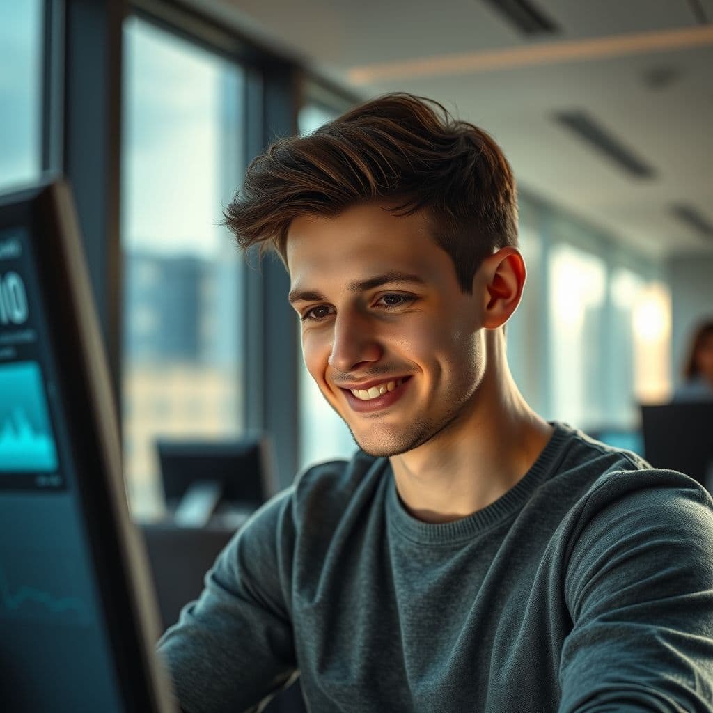 Joven invirtiendo en la bolsa de valores desde su computadora