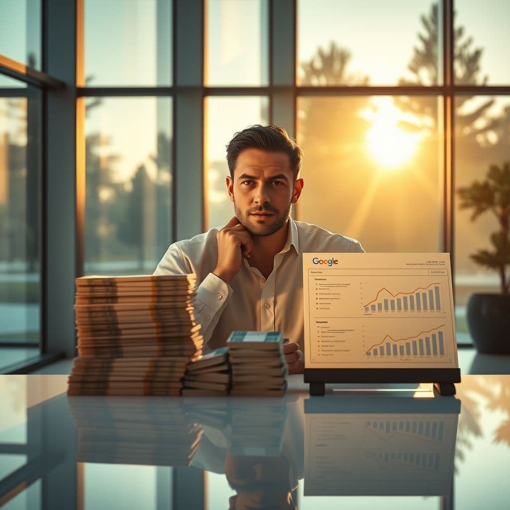 Hombre contemplando una elección financiera entre dinero en efectivo y flujo de ingresos mensual