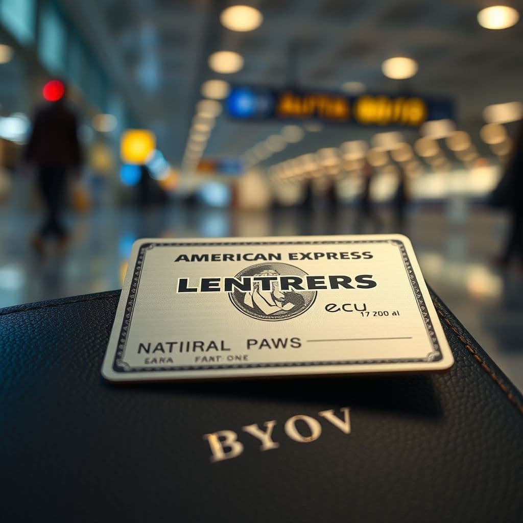 Tarjeta American Express Platinum con pasaporte y maleta de viaje