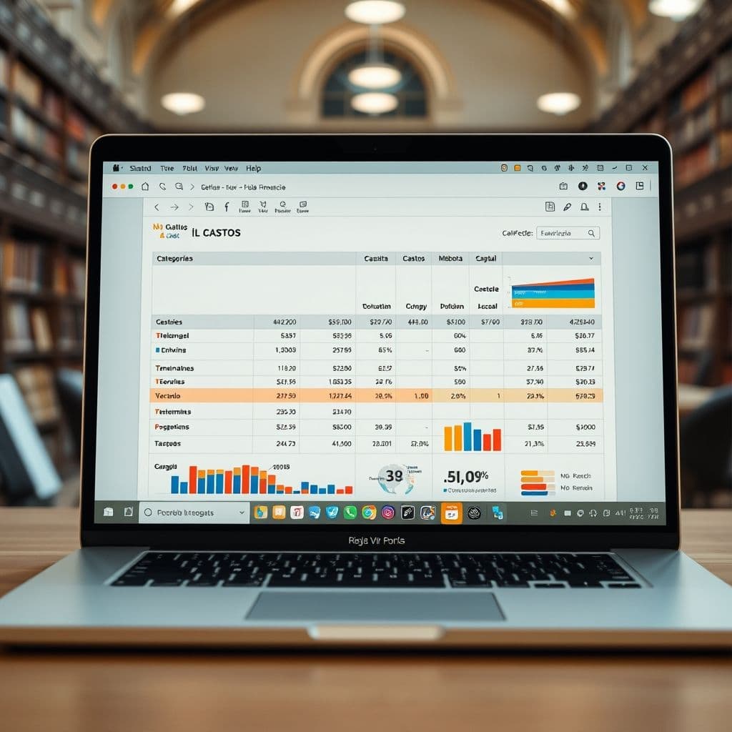 Ejemplo de plantilla financiera con categorías de gastos y gráficos