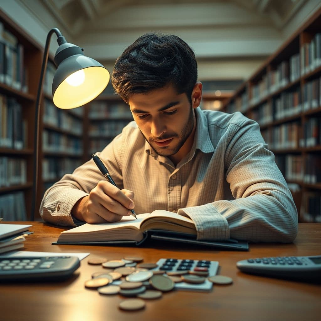 Hombre creando un presupuesto en una libreta con calculadora y monedas