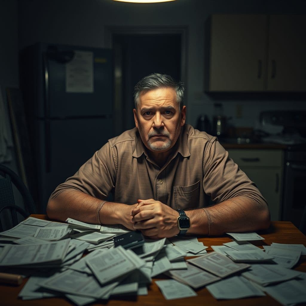 Hombre estresado revisando facturas y tarjetas de crédito con expresión de preocupación.