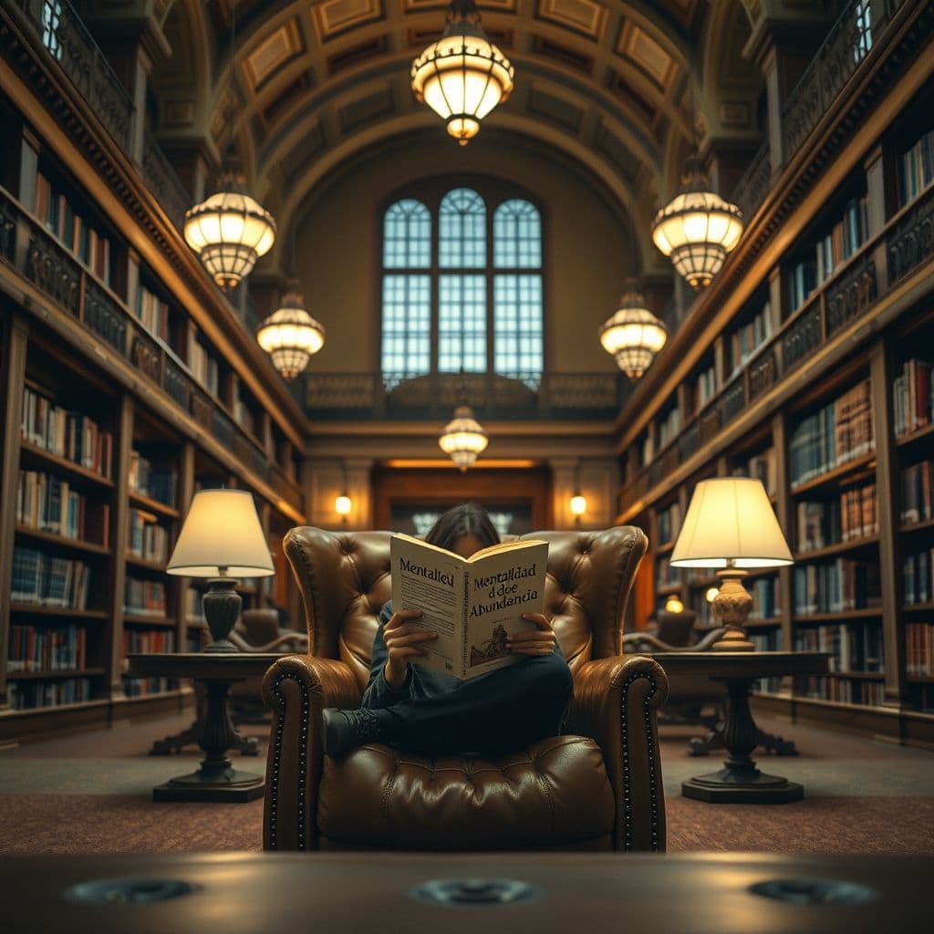 Persona leyendo un libro sobre mentalidad financiera en un entorno inspirador.