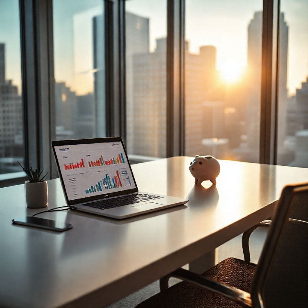 Persona organizando finanzas personales en escritorio con laptop y gráficos de ahorro