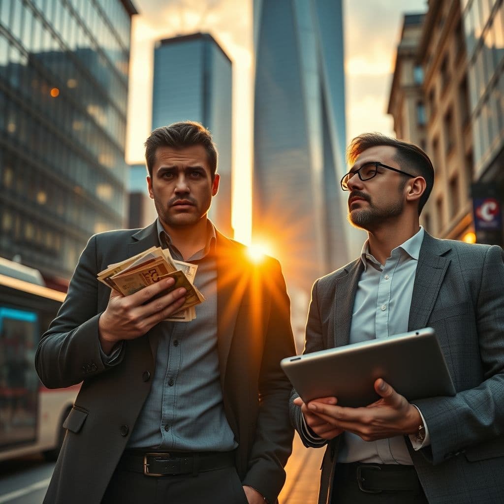 Dos personas con diferentes enfoques financieros: una ahorrando e invirtiendo, la otra gastando y endeudándose.