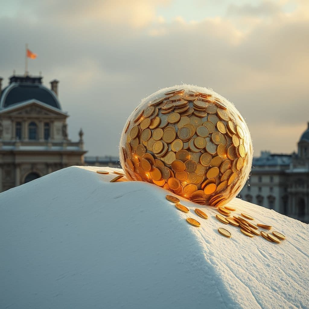 Representación visual del interés compuesto mostrando una bola de nieve financiera creciendo con el tiempo