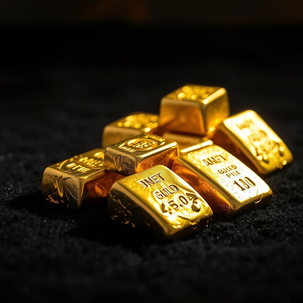 Lingotes de oro brillantes sobre un fondo negro con luz cálida resaltando su textura.