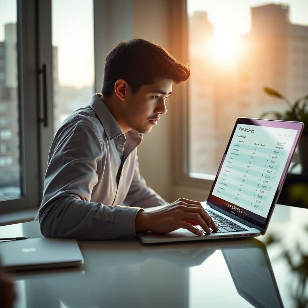 Persona usando computadora con plantilla de finanzas personales visible