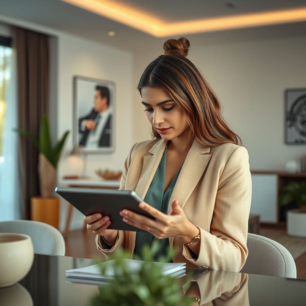 Mujer revisando sus finanzas en una tablet con aplicaciones de presupuesto