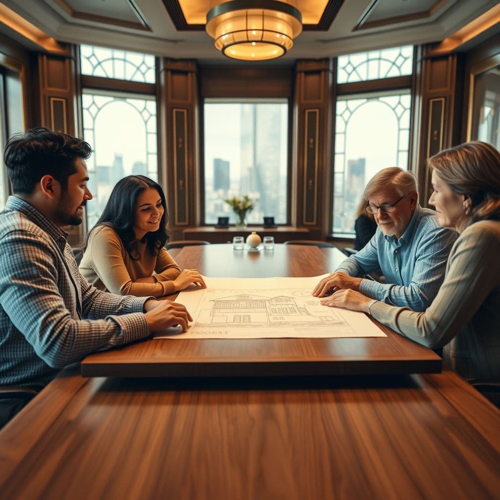 Familia revisando planos de casa con asesor financiero