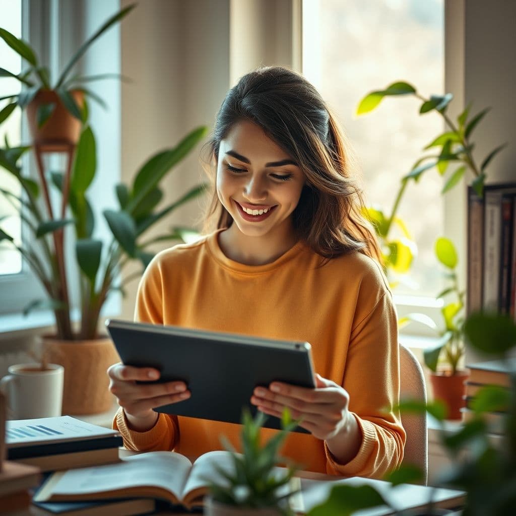 Mujer sonriente revisando sus finanzas personales en una tableta con gráficos de ahorro