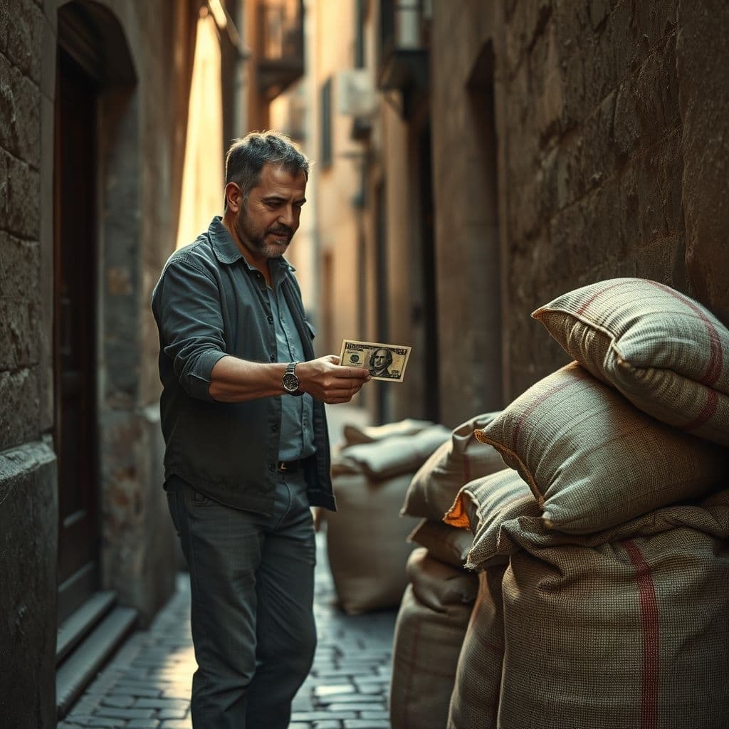 Dueño de cafetería pagando deuda a proveedor de café con billete de 100 dólares