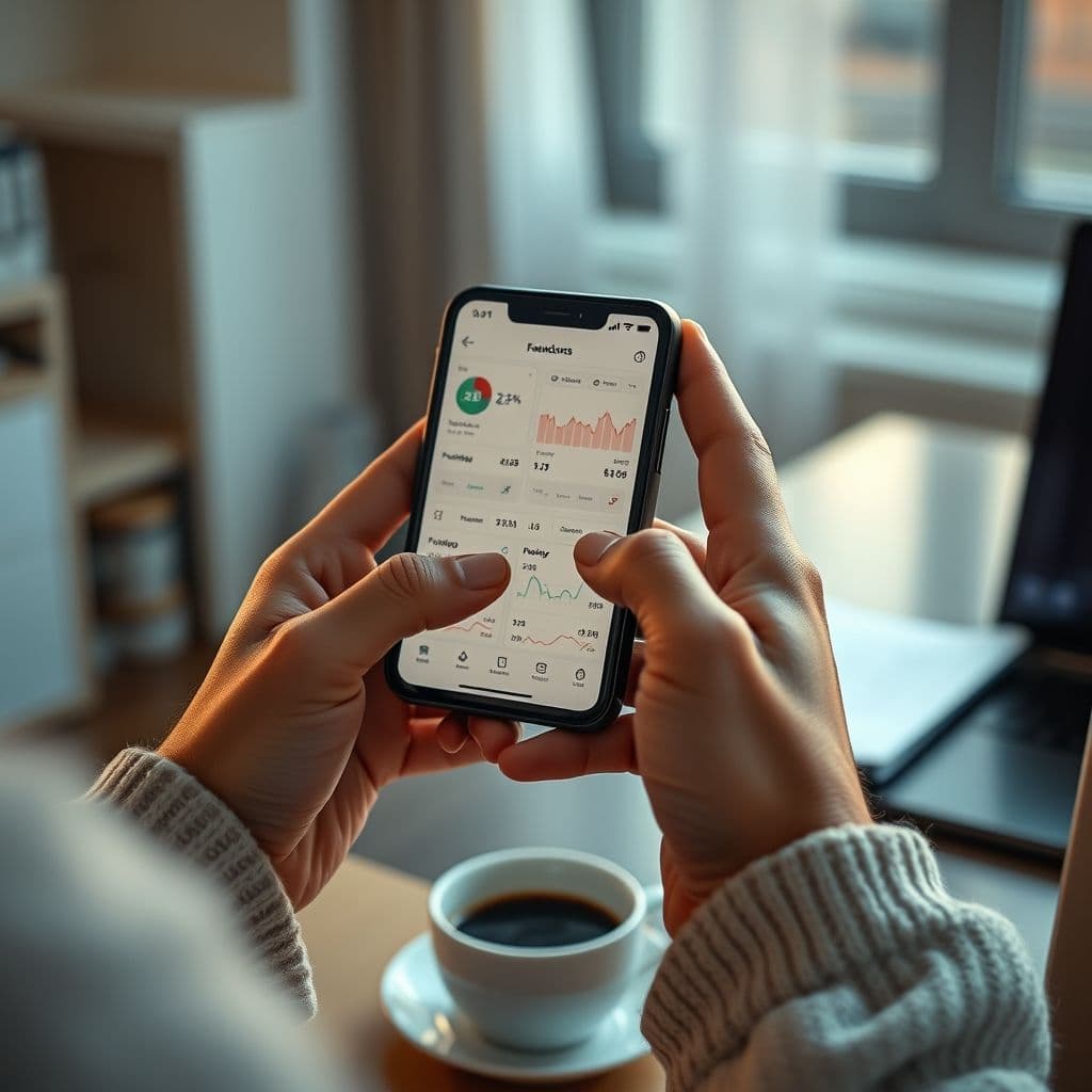 Persona usando smartphone con aplicaciones de finanzas en pantalla