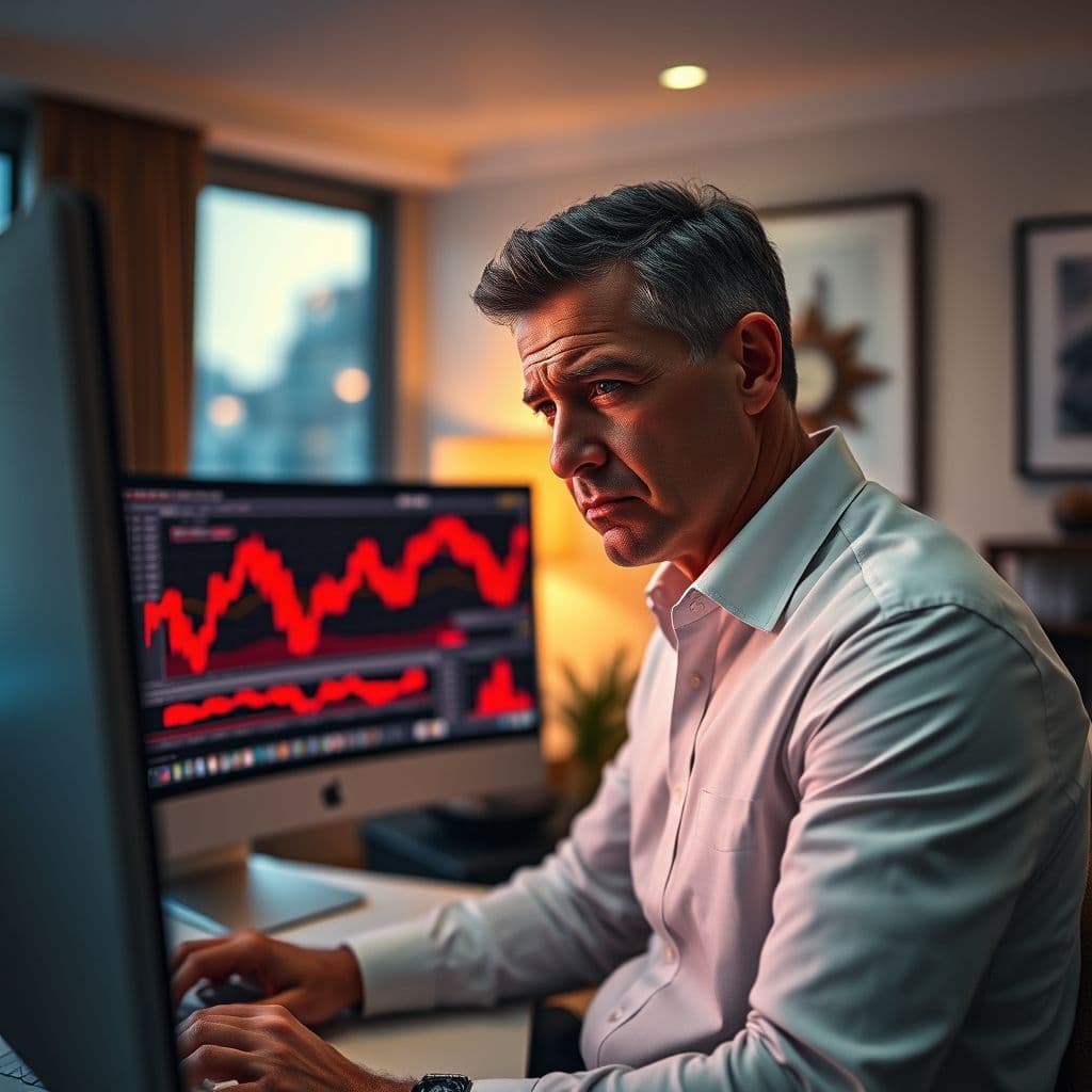 Hombre preocupado mirando una pantalla con gráficos de acciones en rojo