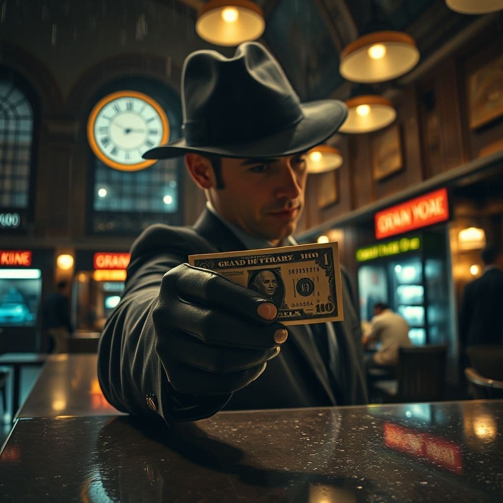 Hombre misterioso recuperando su billete de 100 dólares del mostrador