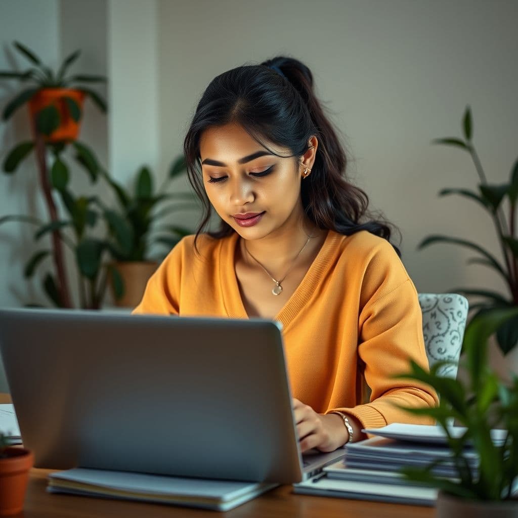 Mujer emprendedora usando computadora para llevar contabilidad con plantilla financiera