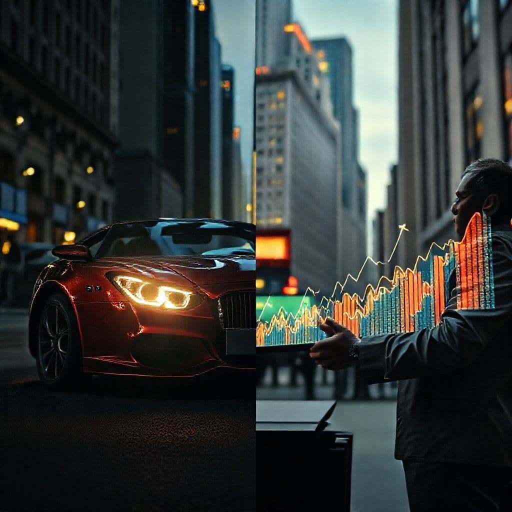 Comparación visual entre comprar un auto de lujo versus invertir en bolsa
