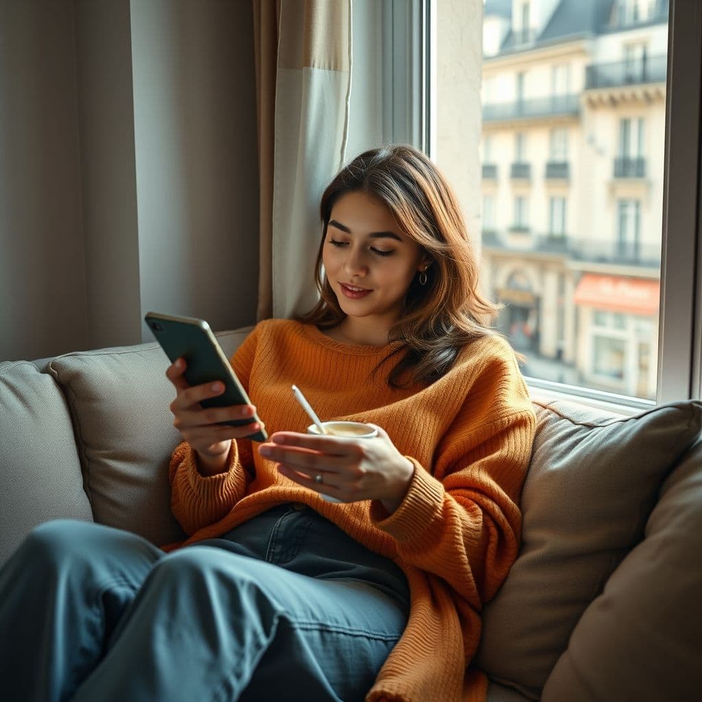 Persona feliz revisando sus ahorros en una aplicación de finanzas personales