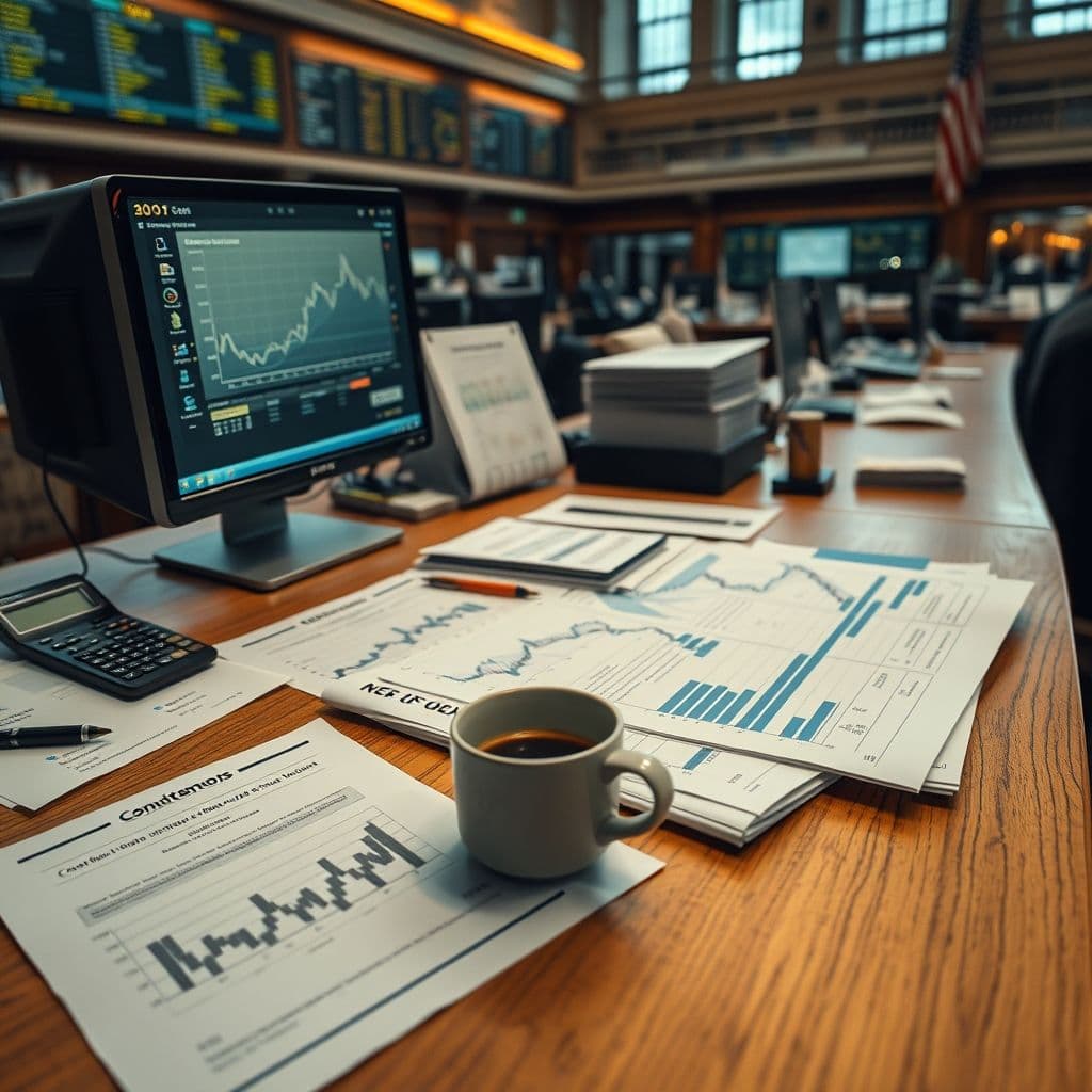 Gráficos y documentos de análisis financiero sobre una mesa de trabajo.