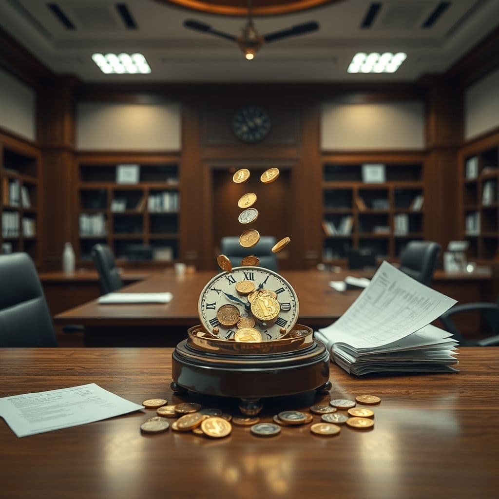 Reloj de arena con monedas cayendo en lugar de arena