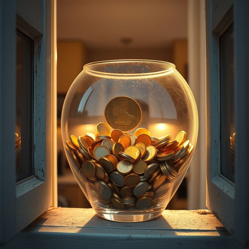 Alcancía transparente llena de monedas y billetes