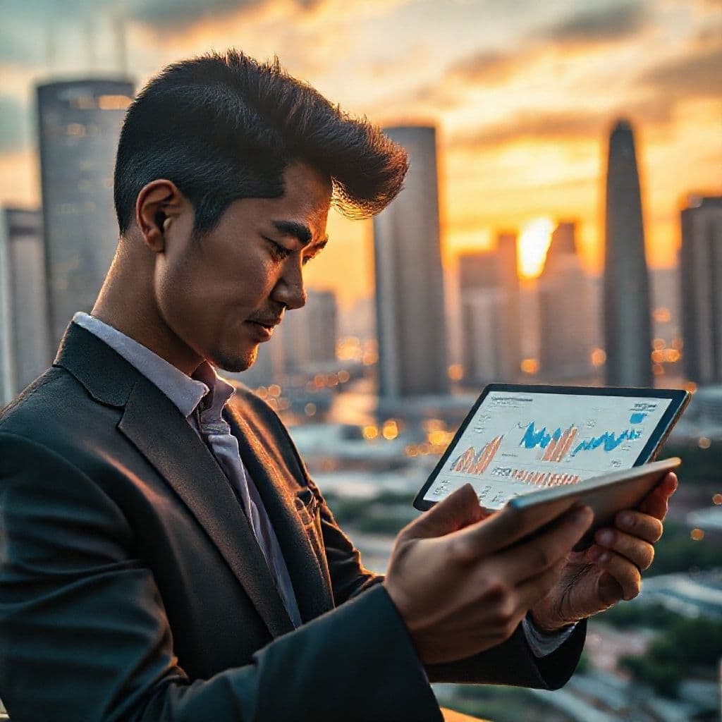 Persona contemplando gráficos de inversión mientras mira hacia el horizonte al atardecer