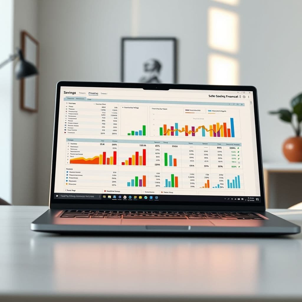 Plantilla financiera en pantalla de ordenador mostrando gráficos de ahorro y control de gastos