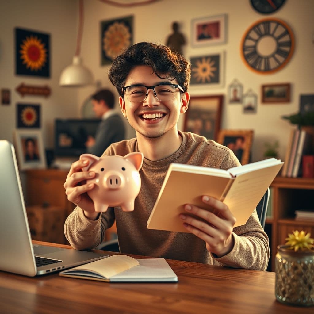 Persona feliz ahorrando dinero y controlando sus finanzas personales.