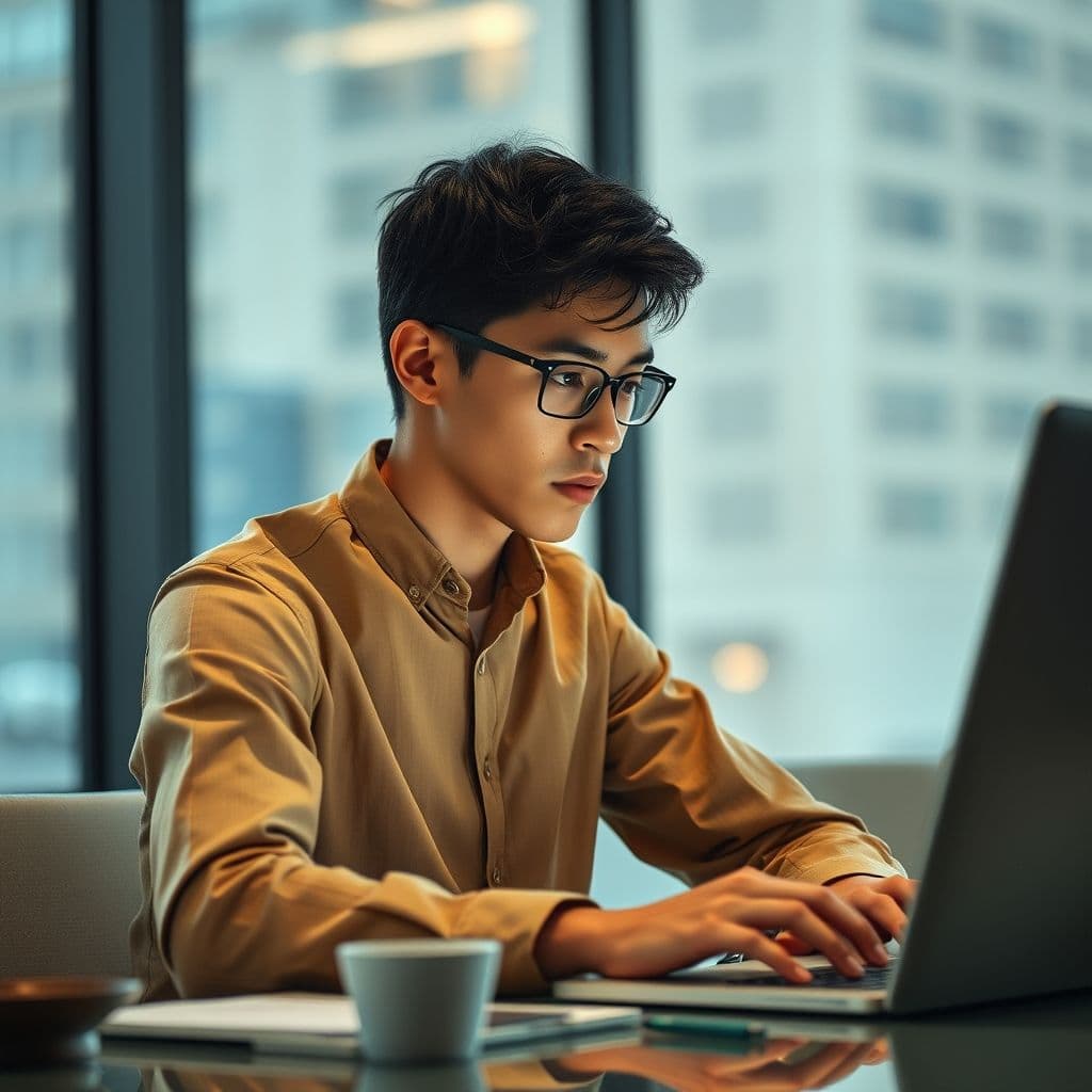Joven revisando sus finanzas en una laptop con plantilla de Notion visible